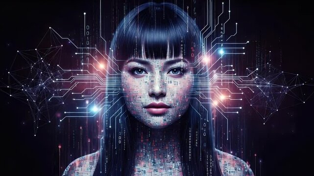 Futuristic portrait of a woman with digital overlay lines of code in dark background with cool tones. Technology and cybernetic concept
