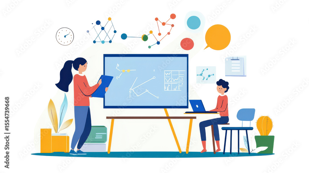 Poster diverse team collaborating on data visualization and analysis in modern office environment