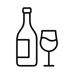 Minimalist black outline vector icon of a wine bottle and glass, symbolizing dining, celebration, and beverages. Clean design on a transparent background