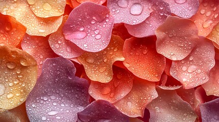 Close up of Dew Covered Rose Petals in Vibrant Pink and Orange Hues