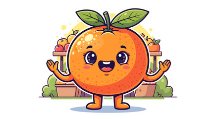 Cartoon illustration of a cheerful orange character at a fruit stand smiling happily