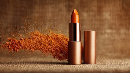 Vibrant Orange Cosmetic Lipstick with Shimmering Pigment and Bronze Tube Elegance