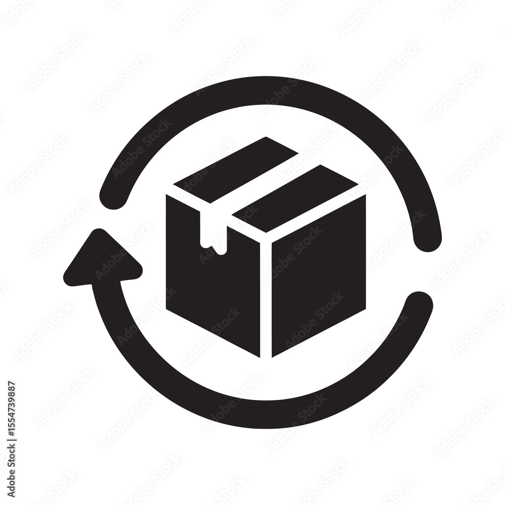 Poster return package icon with a box and a circular arrow representing product exchange reverse logistics 