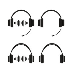 Minimal black headphone and headset icon set with sound wave and mic. Perfect for music apps, podcasts, audio tools, and communication design