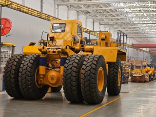 A large yellow and black truck is parked in a factory. The truck is huge and has a lot of tires