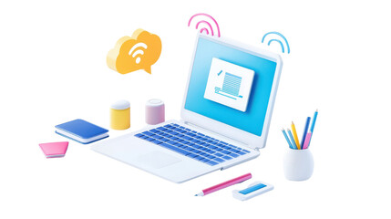 Fototapeta premium Modern Workspace with Laptop and Colorful Stationery Decorated for Creative Inspiration