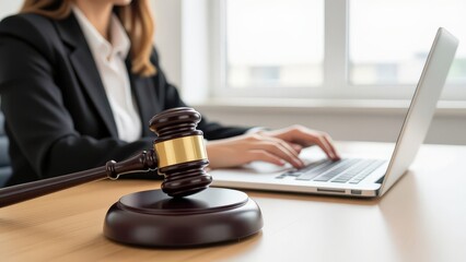 Lawyer Working with Gavel and Laptop in Modern Office Setting