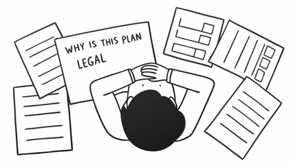 Person with head in hands surrounded by documents asking why is this plan legal question mark