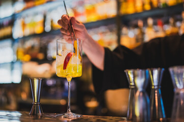 Bartender preparing cocktail in tall glass with ice, citrus slices, and red garnish. Blurred bar...