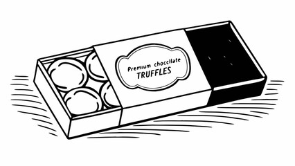 Illustration of a premium chocolate truffles box with a black lid and delicate line art style design