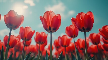 Obraz premium Vibrant Red Tulips Blooming in a Sunny Field Spring Flowers Nature Photography