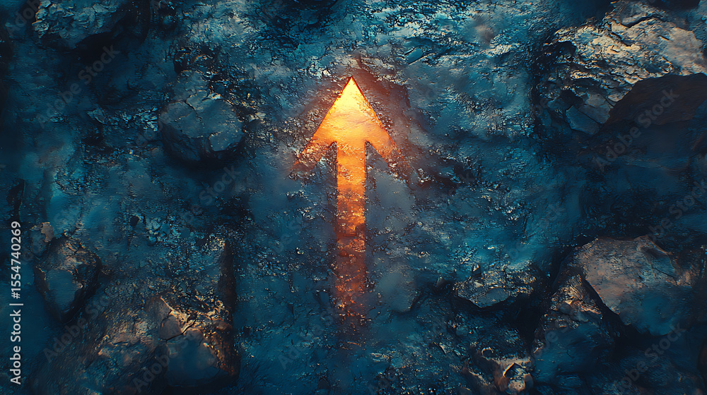 Poster glowing upward arrow embedded in rough rock surface guiding the way forward directional symbol with 