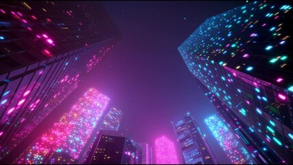 Bright neon lights illuminate tall buildings in a futuristic cityscape at night - Powered by Adobe