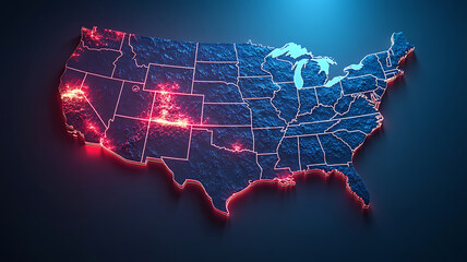 Glowing united states map with states borders and city lights representing population density and economic activity,illuminated on a dark blue background