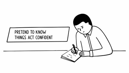 A person writing on paper with a speech bubble saying pretend to know things act confident illustration