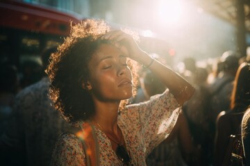 An attractive woman with curly hair standing in the middle, hands on her head, looking up at sunlight rays coming through the clouds
