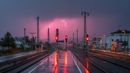 Dramatic Stormy Night on Railway Tracks: Lightning Strikes and Moody Urban Landscape