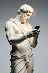 Marble ancient Greek sculpture of an athlete holding a smartphone.