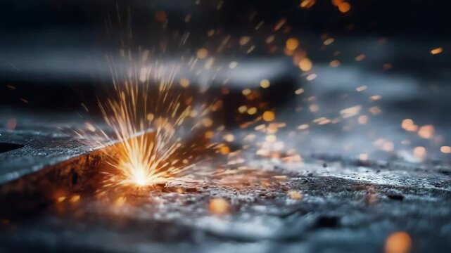 Close up shot of metal surface with sparks flying as it is being worked on, creating dynamic and intense atmosphere. Bright sparks against dark metal highlight working process, showcasing energetic