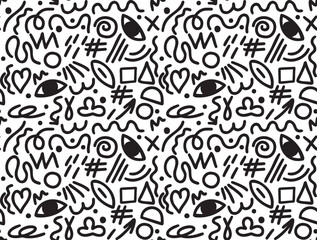 Black and white geometric doodle seamless pattern, squiggles, eyes, hearts, playful retro Memphis style vector