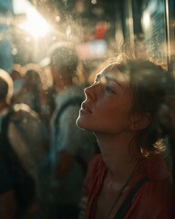 A woman is standing in the crowd of people on a crowded bus, looking up at her reflection in a window. The sun shines through the glass and illuminates her face with rays