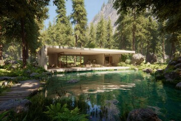 Obraz premium Modern Concrete Cabin Nestled In Lush Forest Landscape