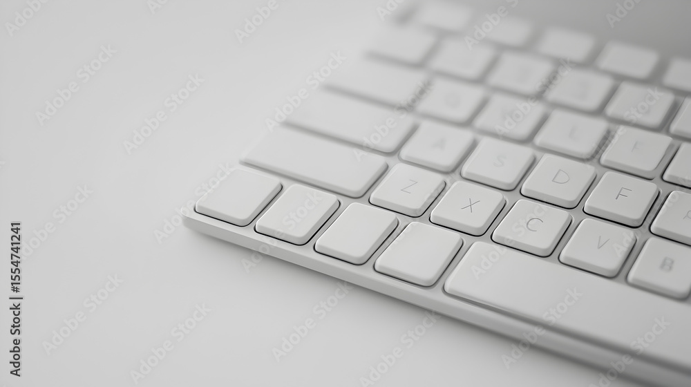 Poster close-up view of a modern white computer keyboard on a clean white surface with shallow depth of fie