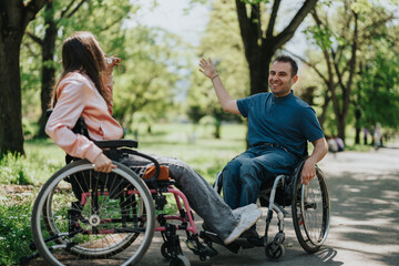 Obraz premium Two individuals in wheelchairs enjoying a lively conversation and sharing smiles in a warm and sunny park setting. The image showcases friendship, inclusivity, and joy.