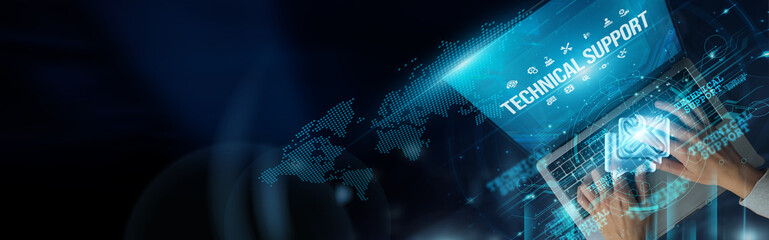 Businessman use laptop and Technical support helps resolve software issues, ensures system...
