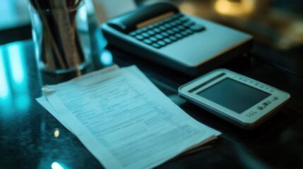 Obraz premium Office documents and devices on a dark surface
