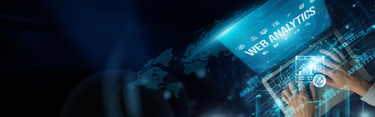 Businessmen use laptops and web analytics tools to track website traffic, analyze user behavior, improve marketing strategies, and increase online sales effectively.