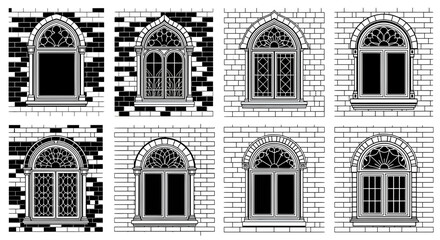 Obraz premium Detailed monochrome illustration of various arched gothic windows on brick walls