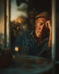 Elderly man sitting on a sun-baked suburban porch during a heatwave, cinematic warm lighting with hazy sunlight, storytelling moment, shallow depth of field