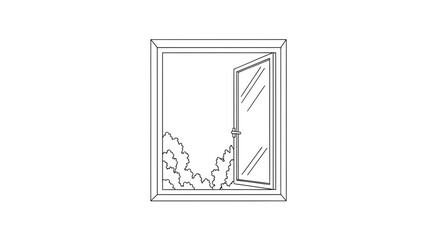 Illustration of an open window with a view of trees drawn in black outline