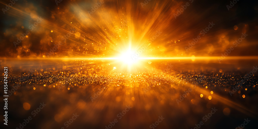 Poster golden abstract light burst with sparkling particles and dramatic lighting effect shining with warm 