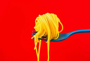 Vector illustration of spaghetti on a blue fork against a red background  Pasta e basta concept,  dinner,  card template