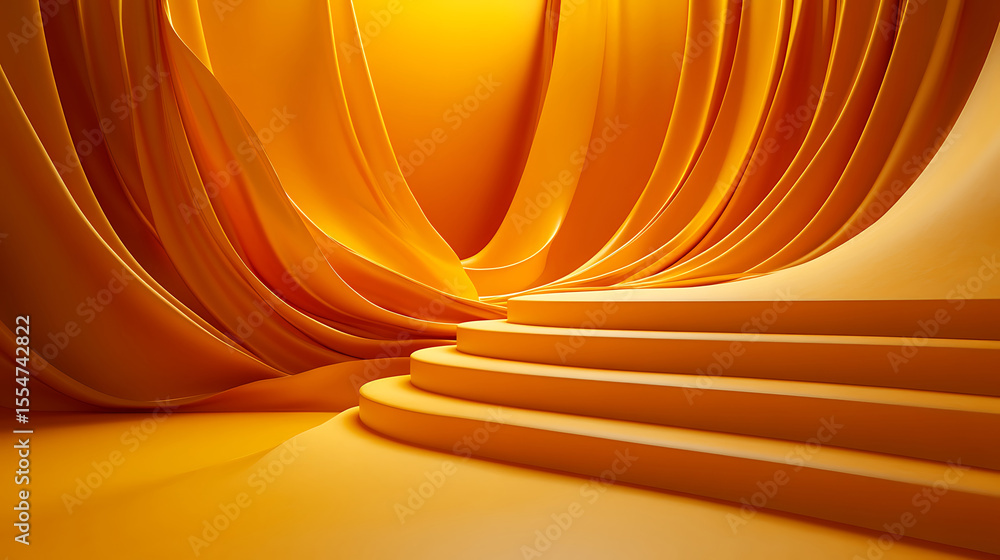 Poster golden abstract stage background with curving drapes and steps for product showcase or presentation 