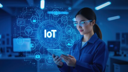 Woman Interacting with IoT Technology in a Modern Workspace