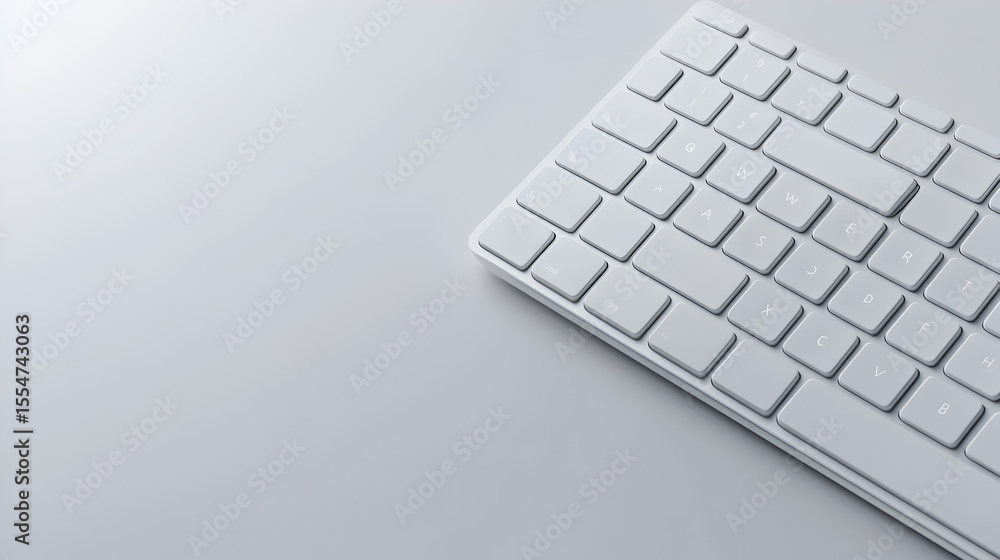 Poster minimalist composition of a modern white computer keyboard set against a clean light gray background