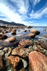 A rocky beach with rocks and water