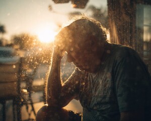 Elderly Man on Suburban Porch During Summer Heatwave