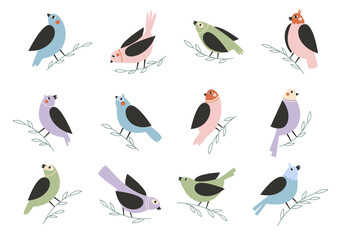 Cute cartoon birds on branches – flat vector bird clipart set