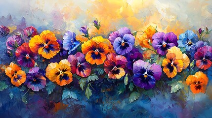 Vibrant Pansies Floral Painting Oil on Canvas Colorful Spring Flowers Garden Art Impasto Texture