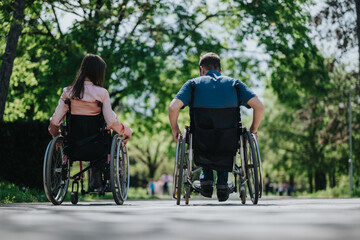 Obraz premium A couple using wheelchairs move together along a sunny park path. They are surrounded by lush greenery, creating a peaceful and inclusive outdoor environment.