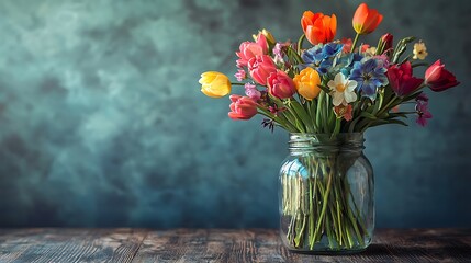 Vibrant Spring Bouquet of Tulips and Wildflowers in Glass Jar on Rustic Wooden Table