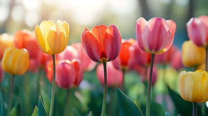 Vibrant Spring Tulips in a Garden Colorful Yellow Pink and Red Flowers Blooming in Sunlight