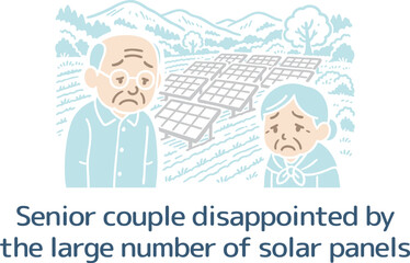 大量の太陽光パネルにがっかりするシニア夫婦の主線なしのイラスト
An illustration without main lines of a senior couple disappointed by a large number of solar panels