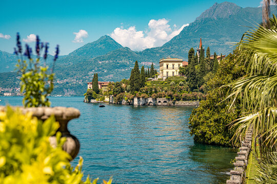Lush Botanical Garden of Villa Monastero Overlooking Lake Como: Elegant Historic Estate Surrounded by Mediterranean Flora and Alpine Scenery