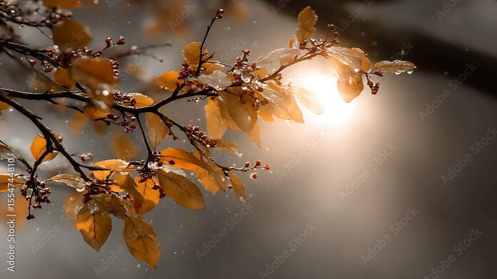 Poster golden autumn leaves adorned with sparkling water droplets in soft sunlight creating a tranquil and 
