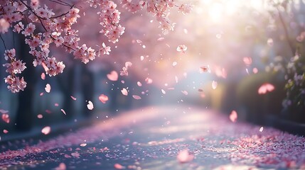 Serene Springtime Scene Pink Cherry Blossoms Falling on a Path
